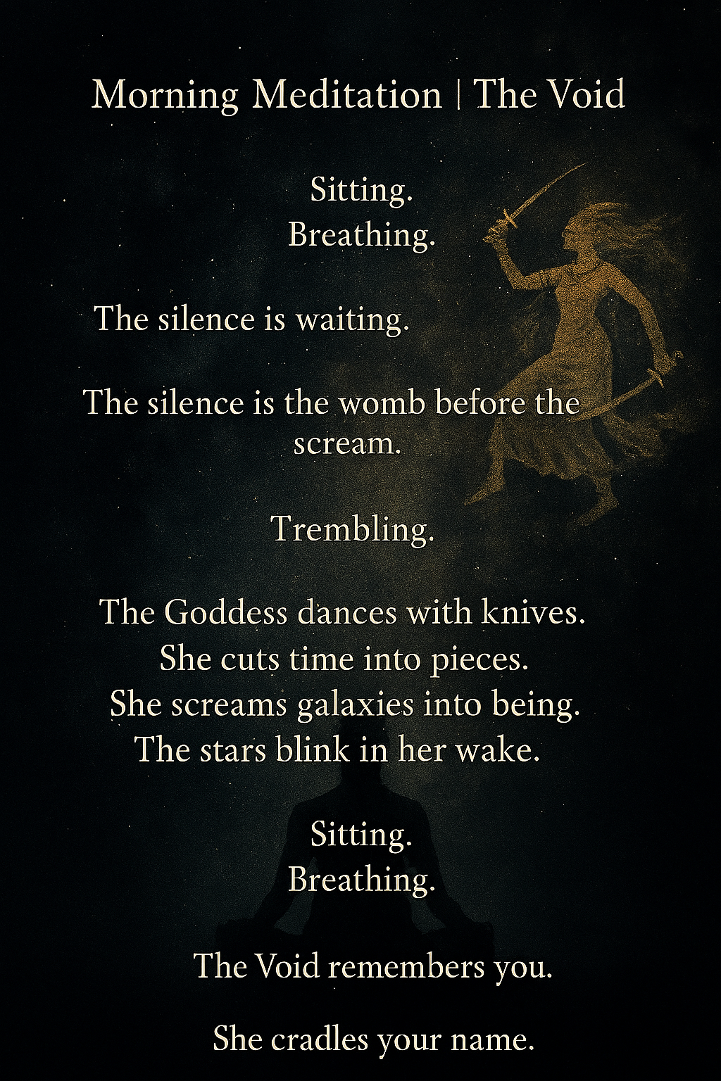 Sitting. Breathing. The silence is waiting. The silence is the womb before the scream. Trembling. The Goddess dances with knives. She cuts time into pieces. She screams galaxies into being. The stars blink in her wake. Sitting. Breathing. The Void remembers you. She cradles your name.