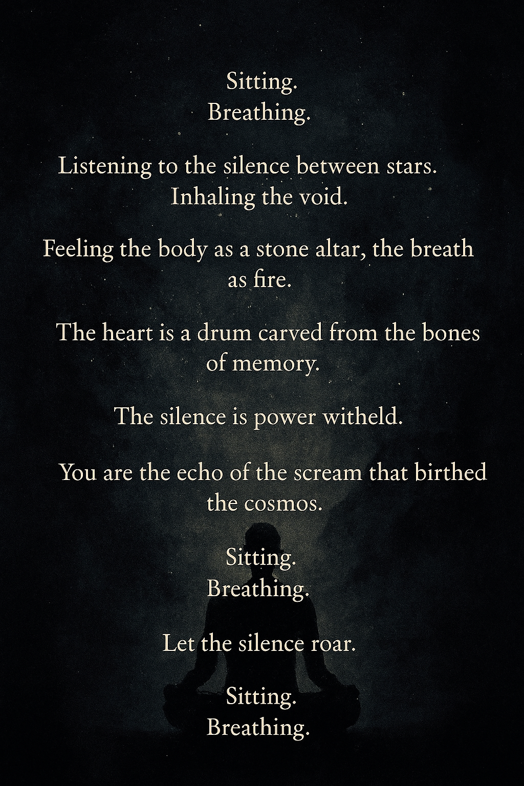 Sitting. Breathing. Listening to the silence between stars. Inhaling the void. Feeling the body as a stone altar, the breath as fire. The heart is a drum carved from the bones of memory. The silence is power withheld. You are the echo of the scream that birthed the cosmos. Sitting. Breathing. Let the silence roar. Sitting. Breathing.